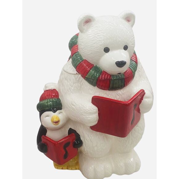 Vintage Caroling Polar Bear & Penguin Christmas Cookie Jar Ceramic W/Box CELLAR - Picture 2 of 16